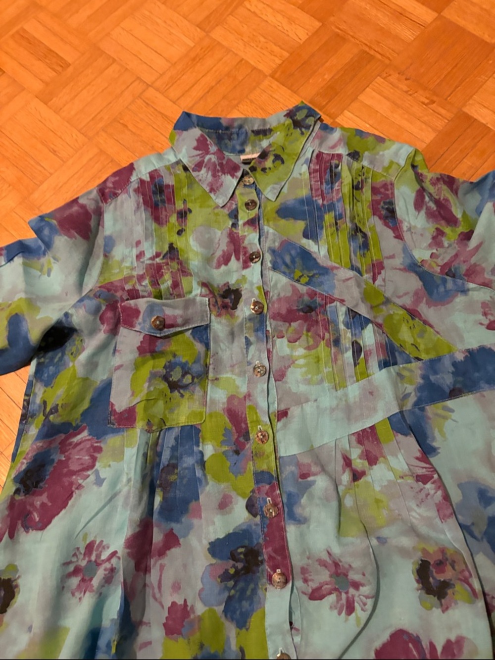 Click Floral Button-Up Sheer Blouse in Aqua, Blue, Green & Magenta - Picture 4 of 10